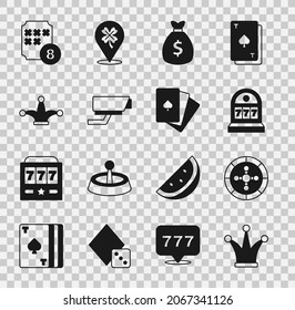 Set Joker playing card, Casino roulette wheel, Slot machine with jackpot, Money bag, Security camera, Lottery ball bingo and Deck of cards icon. Vector