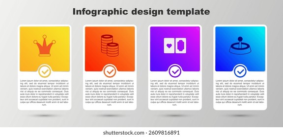 Set Joker playing card, Casino chips, Deck of cards and roulette wheel. Business infographic template. Vector