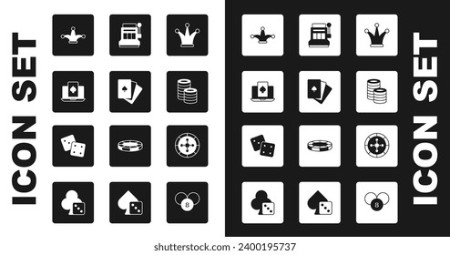 Set Joker playing card, Deck of cards, Online poker table game, Casino chips, Slot machine, roulette wheel and Game dice icon. Vector