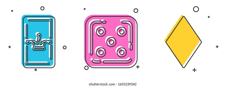 Set Joker playing card, Game dice and Playing card with diamonds symbol icon. Vector