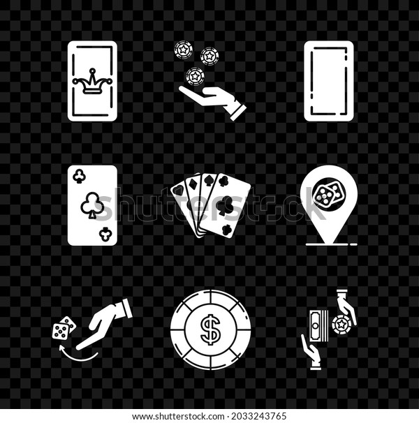 Set Joker\
playing card, Hand holding casino chips, Playing back, Human hand\
throwing game dice, Casino with dollar symbol, exchange on stacks\
of dollars, clubs and cards icon.\
Vector
