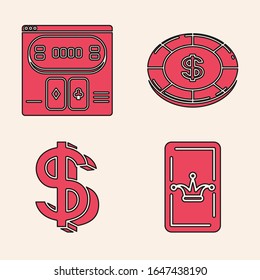 Set Joker playing card, Online poker table game, Casino chip with dollar symbol and Dollar symbol icon. Vector