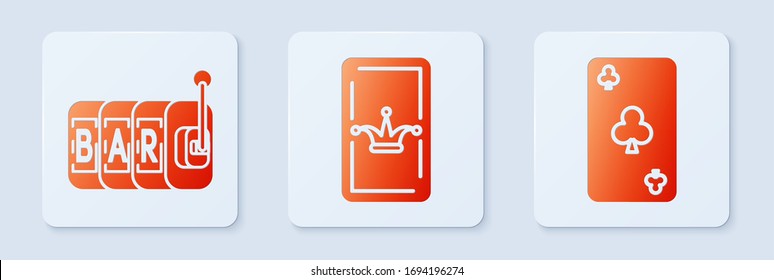 Set Joker playing card, Slot machine and Playing card with clubs symbol. White square button. Vector