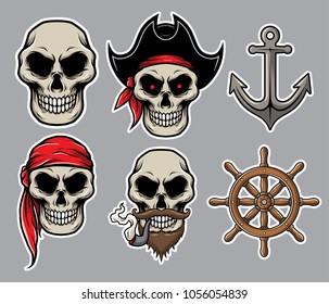 Set Jolly Roger Pirate Skull With Pirates Elements  Anchor  Rudder  Sailor Captain Hat  Pipe  Moustache    Beard Illustration Vector  EASY TO EDIT