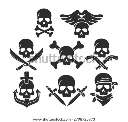 Set of Jolly Roger Pirate Symbol Icon set collection with skull and bones or crossbones Anchors, Swords, Guns, Bandana for pirate flag, grim reaper cartoon, Black Silhouette Emblem.
