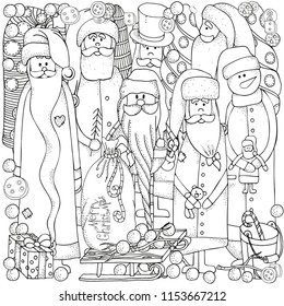 Set of jolly Santa  and snowmen. Winter, snow, sled, snow, trees, hats, buttons. Merry Christmas, Happy New Year. Pattern for coloring book. Black and white.