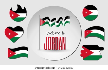 Set of Jordan flags and waving Jordan flag in vector with the inscription Welcome to Jordan!
