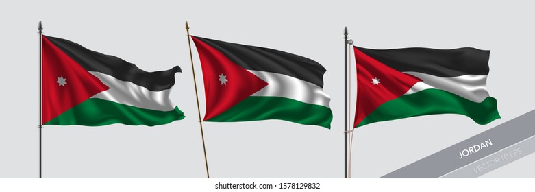 Set of Jordan waving flag on isolated background vector illustration. 3 Jordanian wavy realistic flag as a symbol of patriotism 