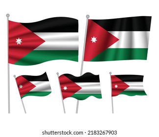 Juego de bandera de Jordania ondeando en ilustración aislada del vector de fondo. 5 bandera jordana ondulada blanca roja realista como símbolo patriótico
