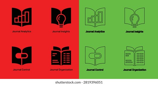 Set of journal analytics, insights, control, and organization featuring books with graphs and lightbulbs