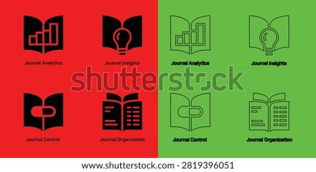Set of journal analytics, insights, control, and organization featuring books with graphs and lightbulbs