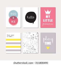 Set of journaling cards for newborn baby girl. Vector templates for scrapbooking, greeting / gift cards, patterns, art decoration etc.