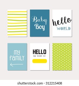 Set of journaling cards for newborn baby boy. Vector templates for scrapbooking, greeting / gift cards, patterns, art decoration etc.