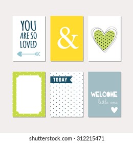 Set of journaling cards for newborn baby boy. Vector templates for scrapbooking, greeting / gift cards, patterns, art decoration etc.