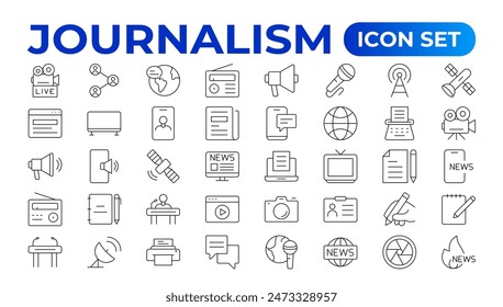 Set of Journalism icons. Containing journalist, news, newspaper and radio. Solid icons collection. Outline News symbol collection.