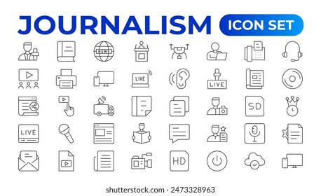 Conjunto de iconos de periodismo. Conteniendo periodistas, noticias, periódicos y radio. Colección de iconos sólidos. Colección de símbolos de Noticias de contorno.