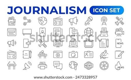 Set of Journalism icons. Containing journalist, news, newspaper and radio. Solid icons collection. Outline News symbol collection.