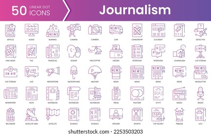 Conjunto de íconos del periodismo. Conjunto de iconos de estilo de degradado. Ilustración vectorial