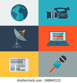 Set of journalism icons. Mass media and press conference concept symbols in flat style.