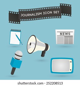 Set of journalism icons. Mass media and press conference concept symbols in flat style.