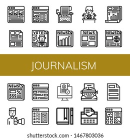 Set of journalism icons such as Article, Newspaper, Typewriter, Press conference, Paparazzi, Release, Journal, Press , journalism