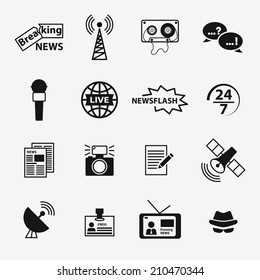 Set of journalism related icons including newspaper, tv, microphone, camera, breaking news, newsflash, reporter hat, live news, article, broadcasting