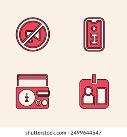Set Journalist id card, Censored stamp, Information and News radio channel icon. Vector