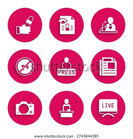Set Journalist news, Breaking, Live report, News, Photo camera, Censored stamp,  and  icon. Vector