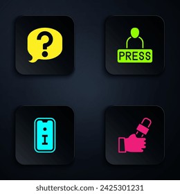 Establecer noticias de periodistas, chat de la burbuja del discurso, información y . Botón cuadrado negro. Vector