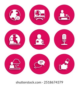 Set Journalist news, Speech bubble chat, Microphone, Weather forecast, World, Television report and  icon. Vector