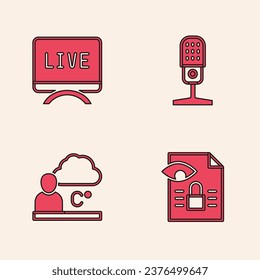 Set Journalistic investigation, Live report, Microphone and Weather forecast icon. Vector