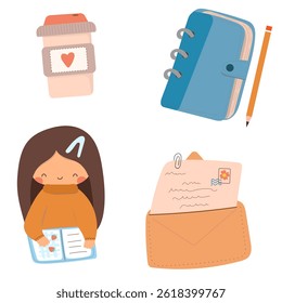 Set with journalling elements. Girl with notebook. Journal and coffee.