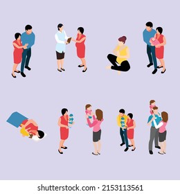 Set of journey of a couple from pregnancy to parenthood isometric 3d vector illustration concept for banner, website, illustration, landing page, flyer, etc.