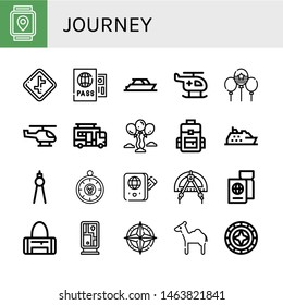 Set of journey icons such as Gps, Crossroads, Passport, Yacht, Helicopter, Balloon, Caravan, Balloons, Backpack, Cruise, Compass, Sport bag, Guidepost, Camel, Windrose , journey