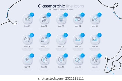 Conjunto de iconos de línea de ruta de viaje, cambio de divisas y estación de carga para la aplicación web. Sistema web, 24 horas, iconos de dinero en euros. Aparato de marchas, Infochart, señales biométricas faciales. Dinero en dólares. Vector