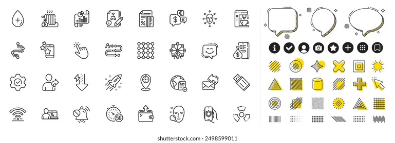 Set of Journey path, Density and Face biometrics line icons for web app. Design elements, Social media icons. Algorithm, Execute, Online education icons. Vector