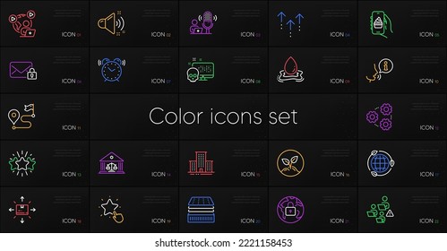 Set of Journey, Swipe up and Loud sound line icons. Include Alarm clock, Water splash, Eco energy icons. Teamwork, Court building, Star web elements. Video conference, Cardboard box, Lock. Vector