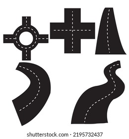 Set of journey traffic curved highway. Road to horizon in perspective. straight, curved, straight and cross roads