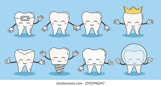 Set of joy clean cartoon tooth characters. Dental care and treatment child concept illustrations. Crown. tooth implant; filling; protect. Dental clinic mascot. Cute vector illustration