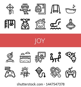 Set of joy icons such as Kite, Monkey bars, Swing, Joker, Smile, Waterpark, Baby tub, Regional dance, Clown, Controller, Banana boat, Scare, Videogame, Seesaw, Game controller , joy