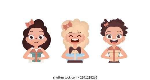 Set of joyful baby girls who are holding a gift. Drawing in cartoon style. Vector illustration.