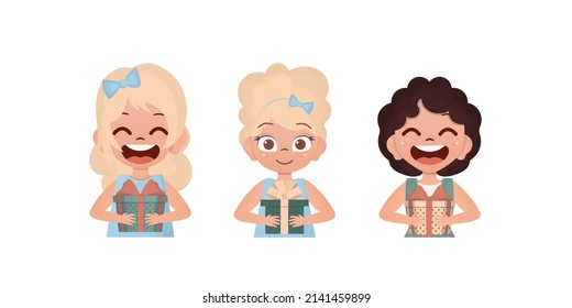 Set of joyful baby girls who are holding a gift in their hands. Drawing in cartoon style. Vector.