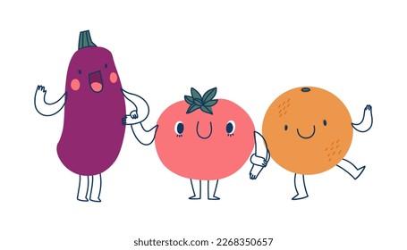 Conjunto de personajes alegres parados en fila y tomados de la mano, berenjena, tomate, naranja
