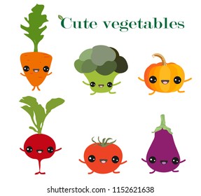 A set of joyful funny cute cartoon vegetables on a white background. Radish, eggplant, pumpkin, tomato, carrot and broccoli. Vector illustration. Vegetable collection.