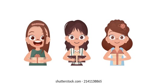 A set of joyful girls who hold a gift in their hands. Drawing in cartoon style. Vector illustration.