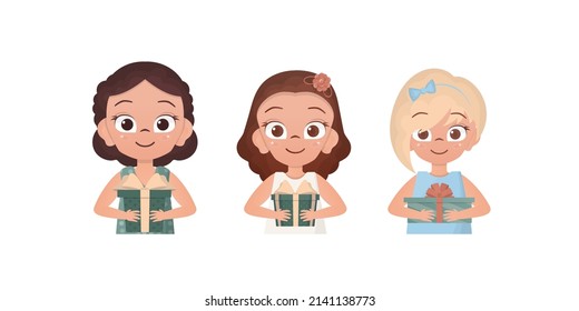 Set of joyful girls who are holding a gift. Drawing in cartoon style. Vector.