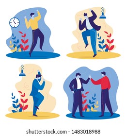 Set of Joyful Happy Managers in Office. Cheerful Businesspeople Laughing, Jumping, Shaking Hands. Employees Rejoice for New Project. Colleagues Celebrate Victory Deal. Cartoon Flat Vector Illustration