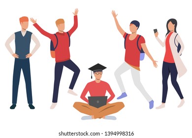 Set of joyful high school students. Flat cartoon characters in college. Vector illustration can be used for presentation, educational video, brochure