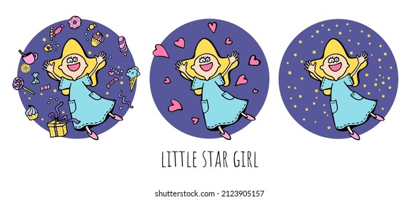 Set joyful little star girl is happy among sweets and pancakes and ice cream and love at the party