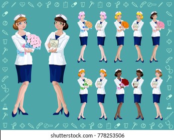 Set joyful nurse with pink, blonde, red, black or brown hair with a big bouquet of roses or tablet with paper on green with medical icon background. A cartoon anime vector illustration.